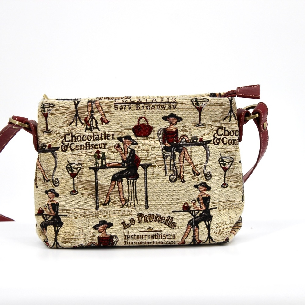 Signare Crossbody Bag with Parisian Café Tapestry Print - Beige/Burgundy